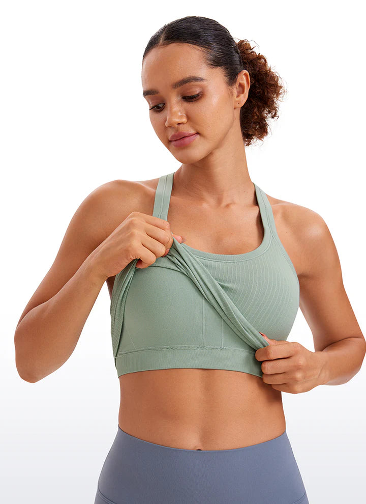 Seamless Ribbed Waist Length Racerback Built in Bra Tanks