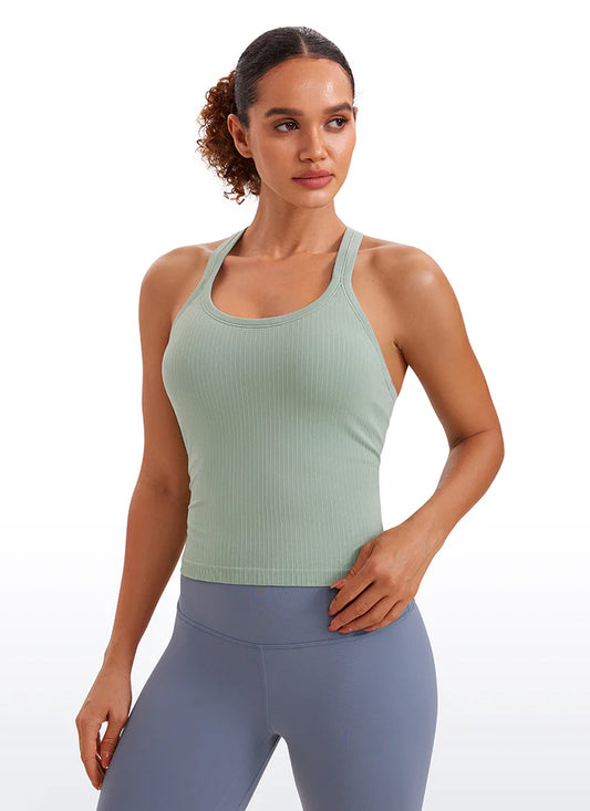 Seamless Ribbed Waist Length Racerback Built in Bra Tanks
